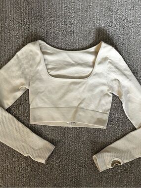 Square Neck Ribbed Long Sleeve Crop Top - Cream